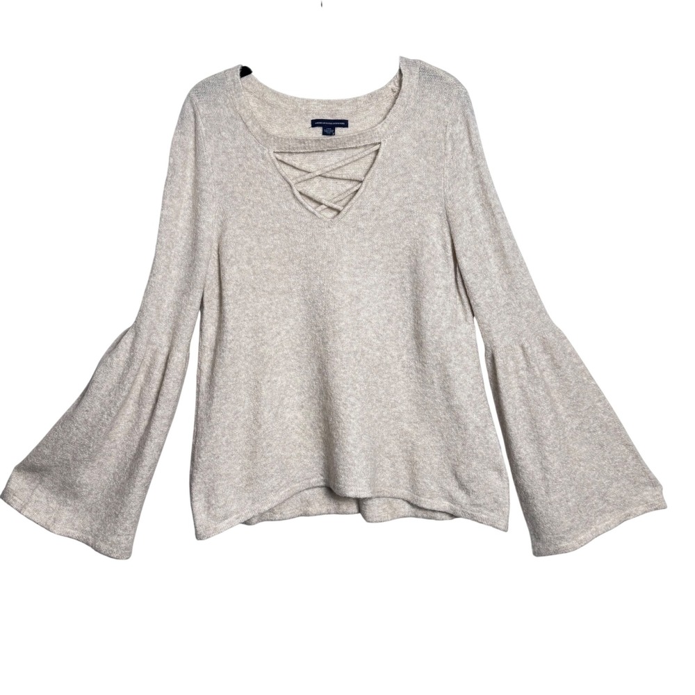 American Eagle Lace Up Bell Sleeve Sweater Large Boho Cottagecore Cream 405